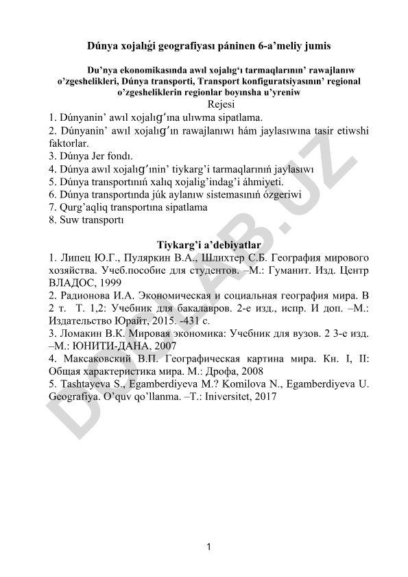 Dúnya xojalıǵi geografiyası páninen 6-a’meliy jumis