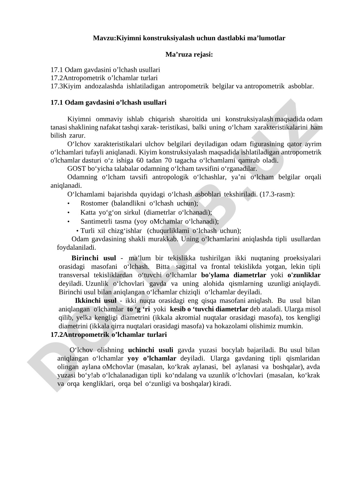 Kiyimni konstruksiyalash uchun dastlabki ma’lumotlar
