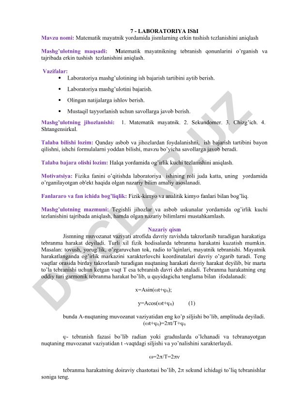 Matematik mayatnik yordamida jismlarning erkin tushish tezlanishini aniqlash