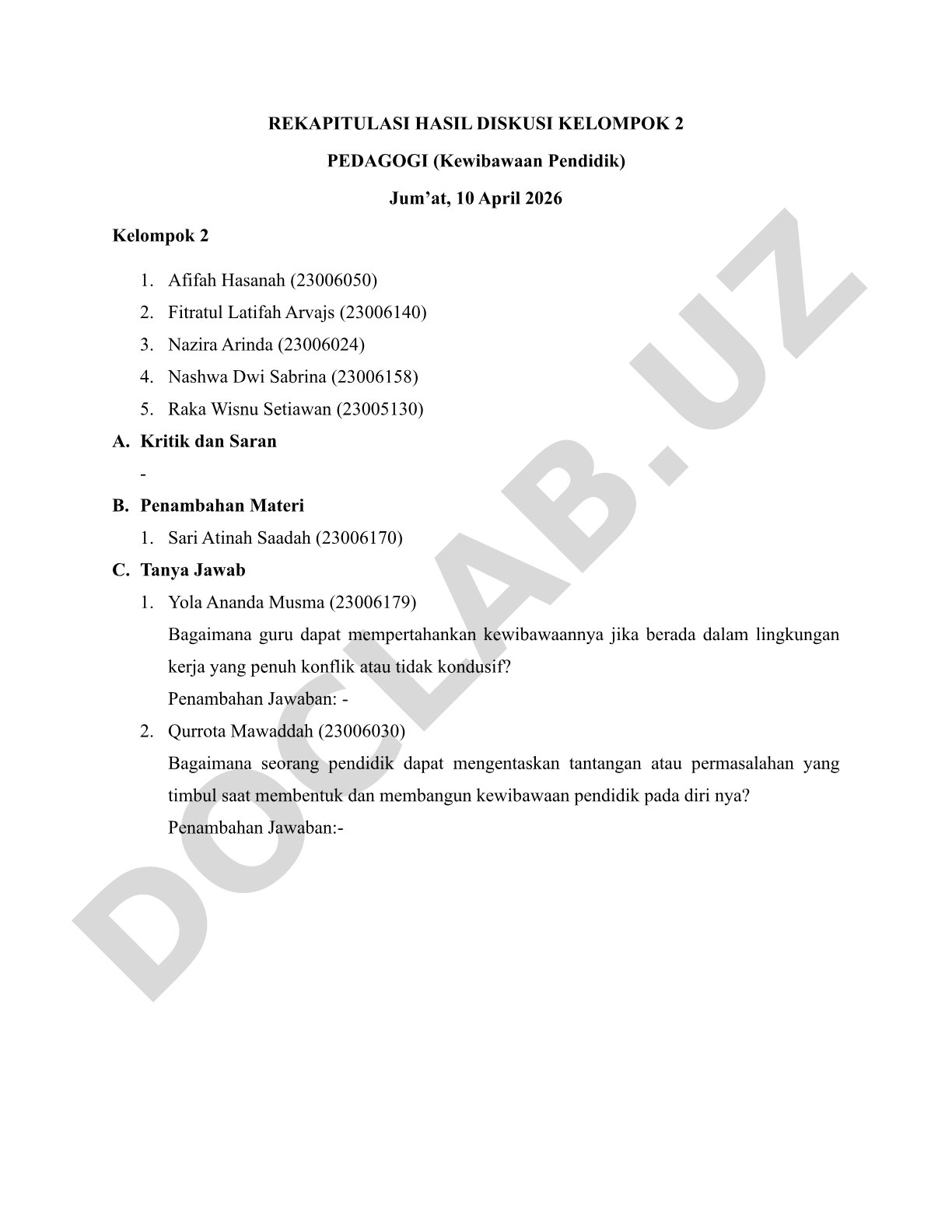 Rekapitulasi Diskusi Kelompok 2 tentang Kewibawaan Pendidik