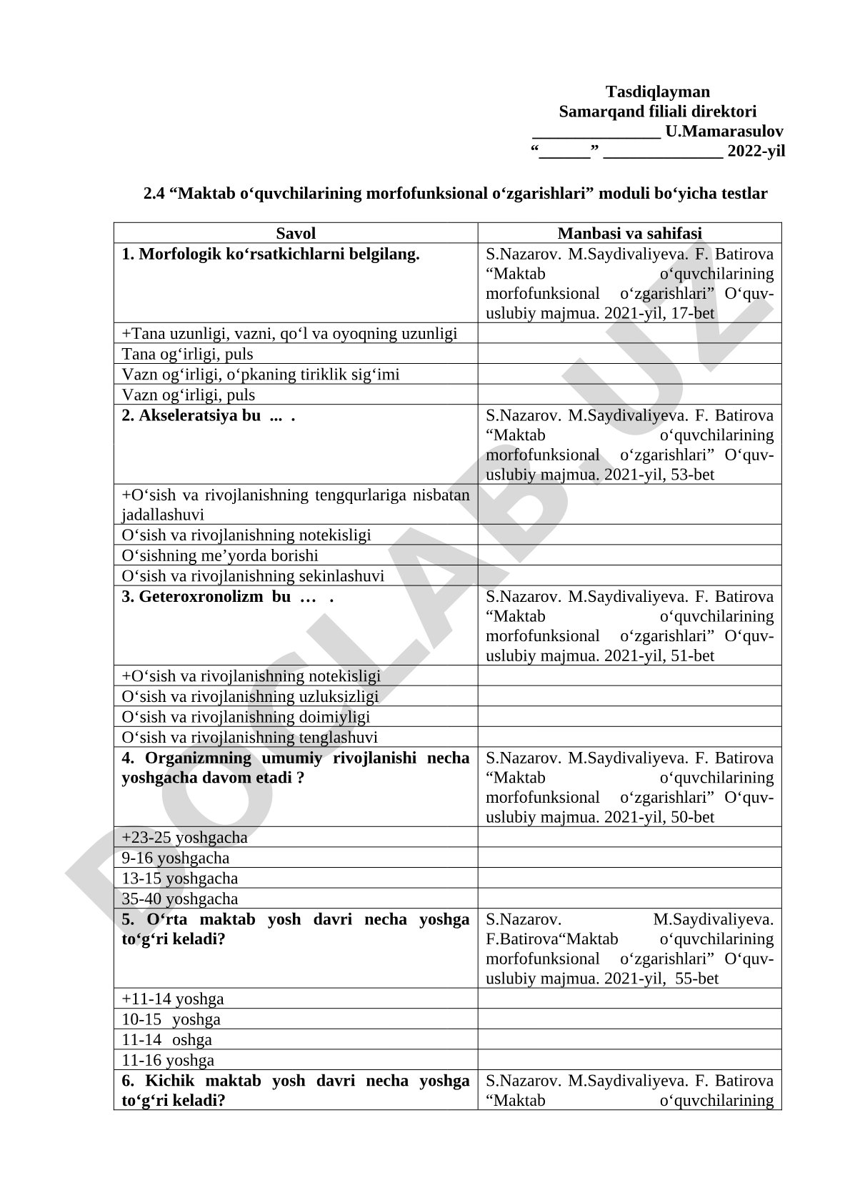 Maktab oʻquvchilarining morfofunksional oʻzgarishlari moduli boʻyicha testlar