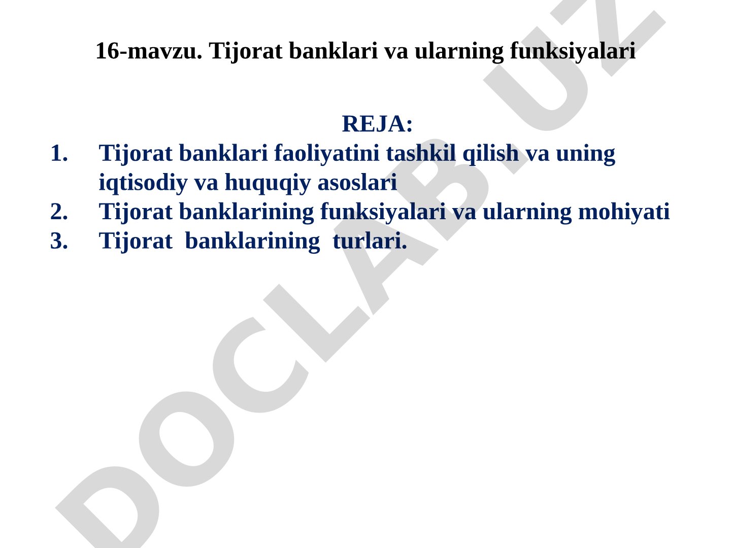 Bank faoliyatini tashkil qilishning iqtisodiy va huquqiy asoslari Tijorat banklari mamlakat bank tiz
