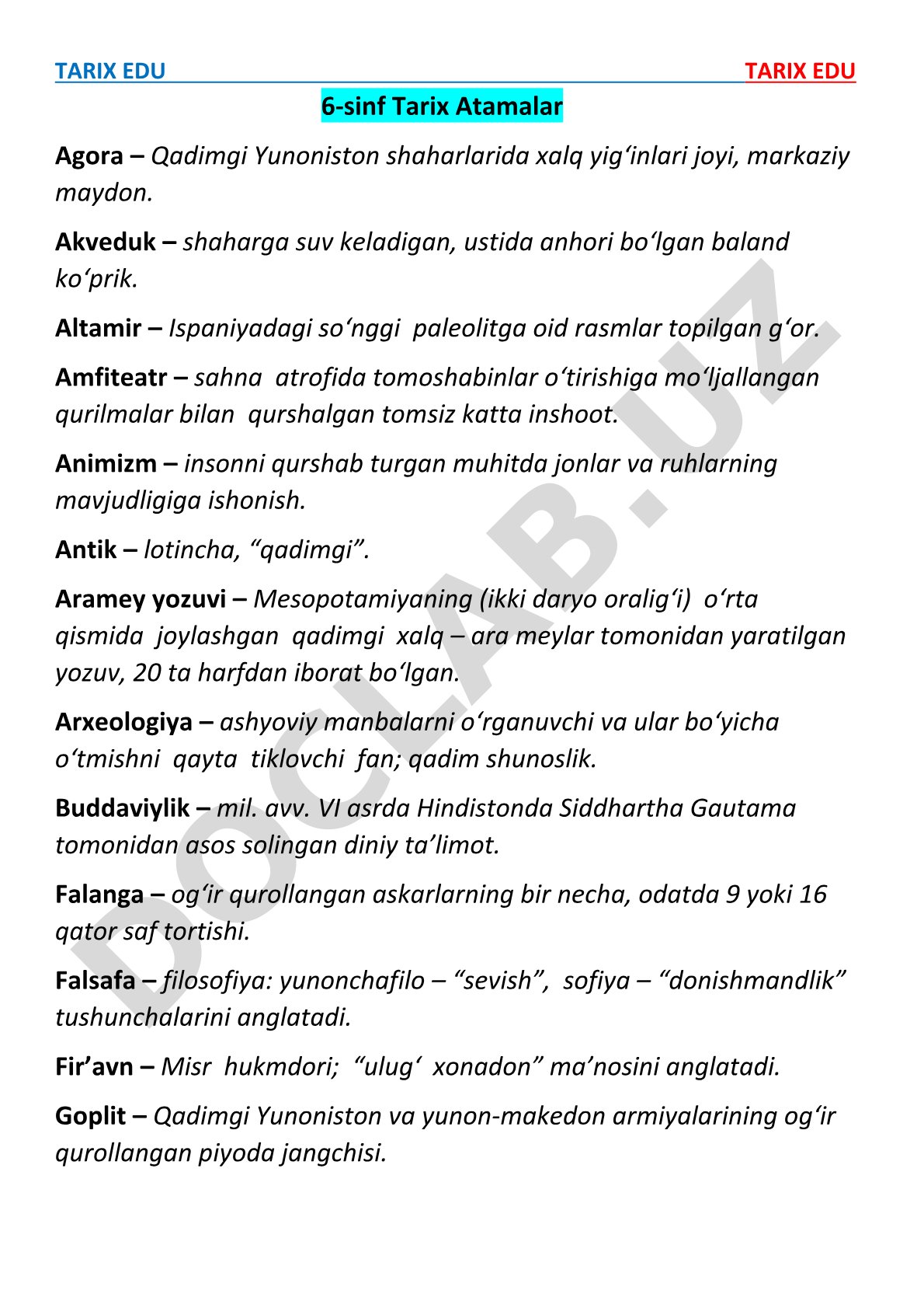 6-sinf tarix atamalari lug'ati