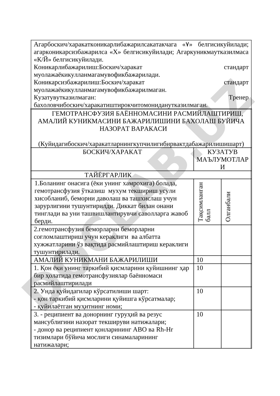 Гемотрансфузия баённомасини расмийлаштириш амалий кўникмасини бажарилишини бахолаш назорат варакаси