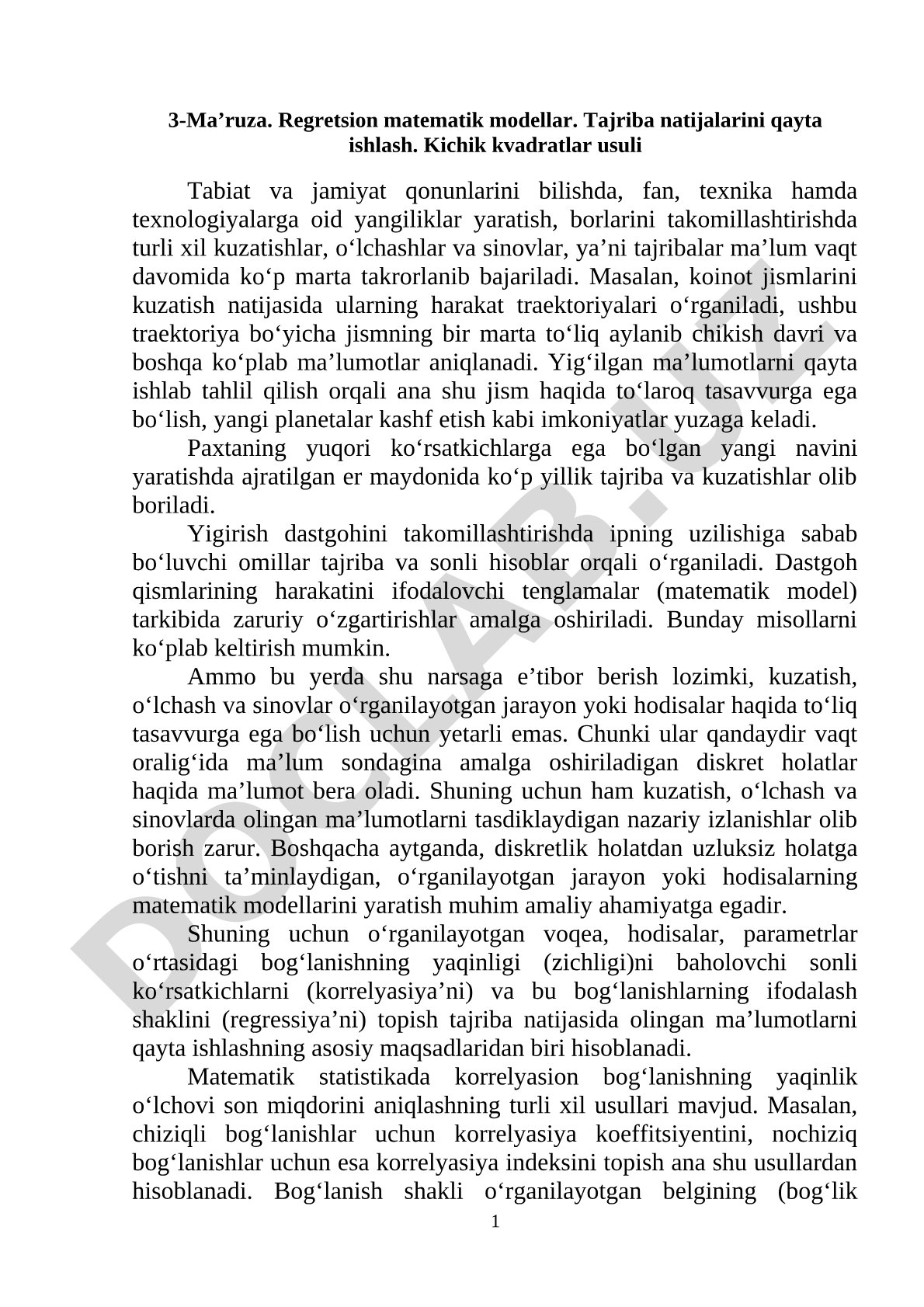 Regretsion matematik modellar. Tajriba natijalarini qayta ishlash. Kichik kvadratlar usuli