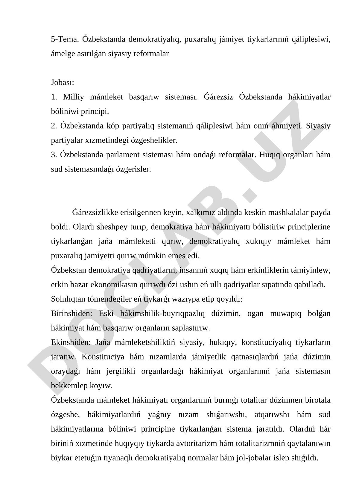 Ózbekstanda demokratiyalıq, puxaralıq jámiyet tiykarlarınıń qáliplesiwi, ámelge asırılǵan siyasiy reformalar