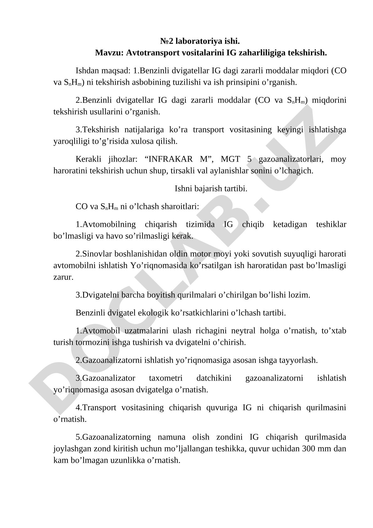 Avtotransport vositalarini IG zaharliligiga tekshirish