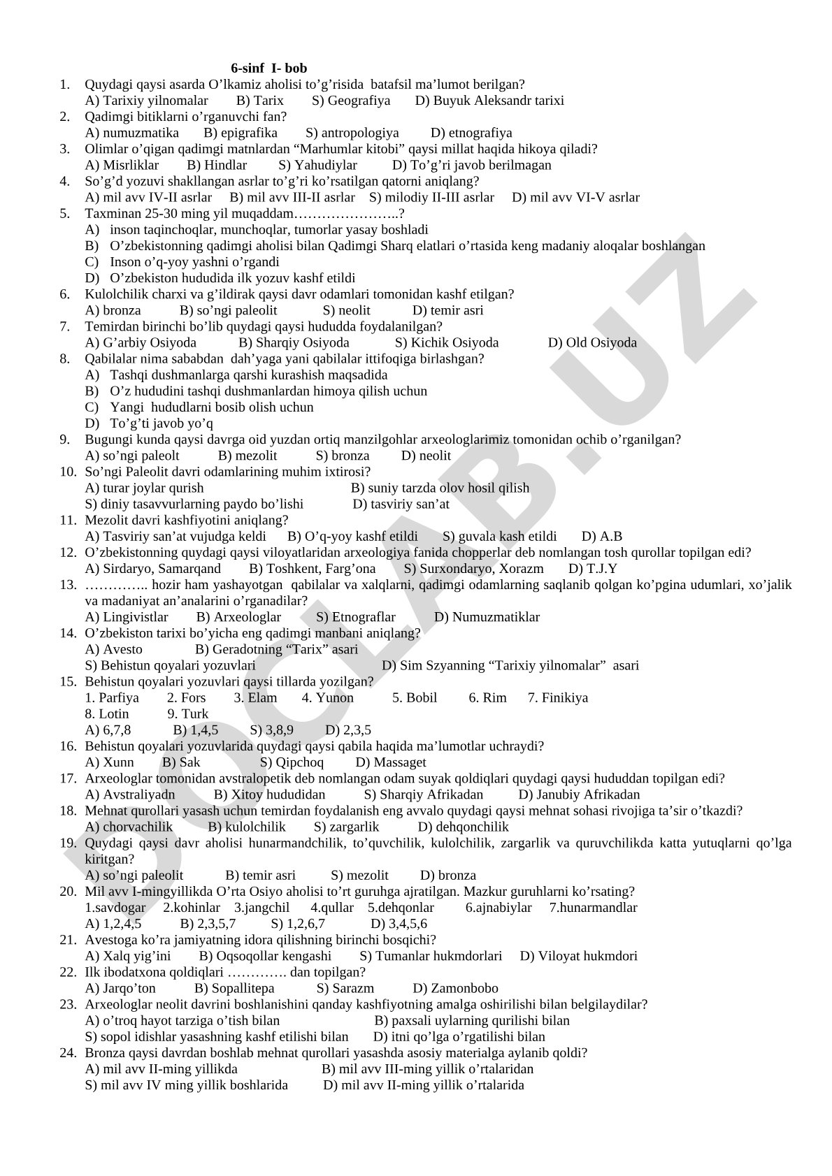 6-sinf tarix fanidan test savollari