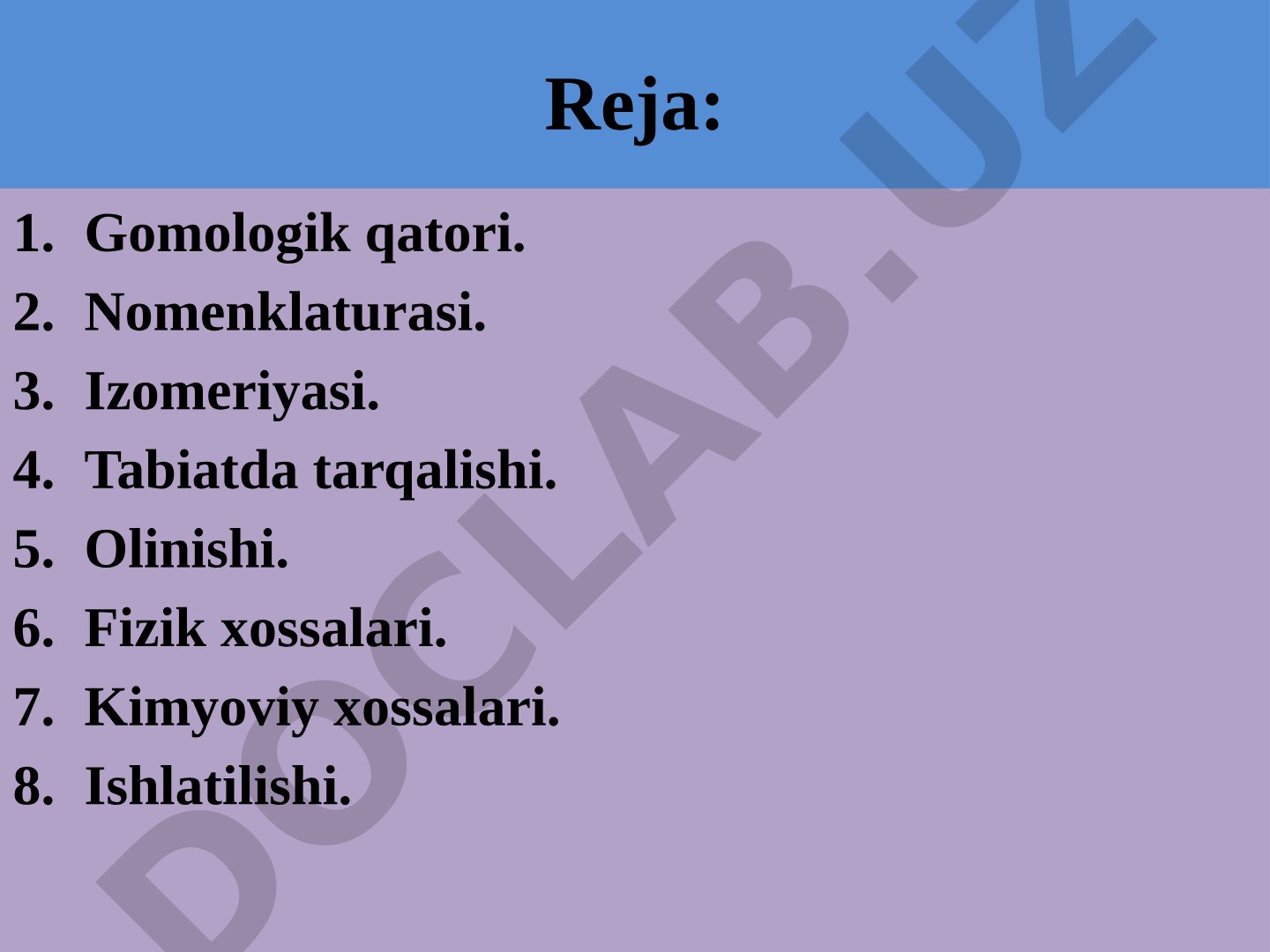 Alkanlarning gomologik qatori, nomenklaturasi, izomeriyasi, olinishi va xossalari haqida