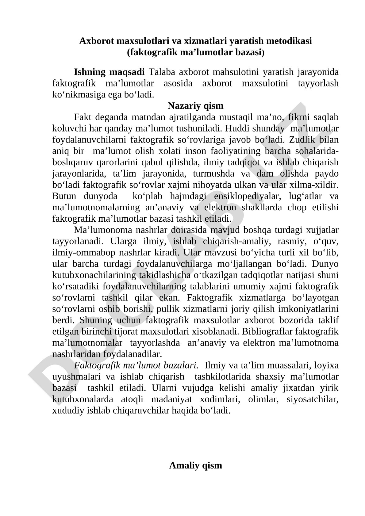 Axborot maxsulotlari va xizmatlari yaratish metodikasi (faktografik ma’lumotlar bazasi)