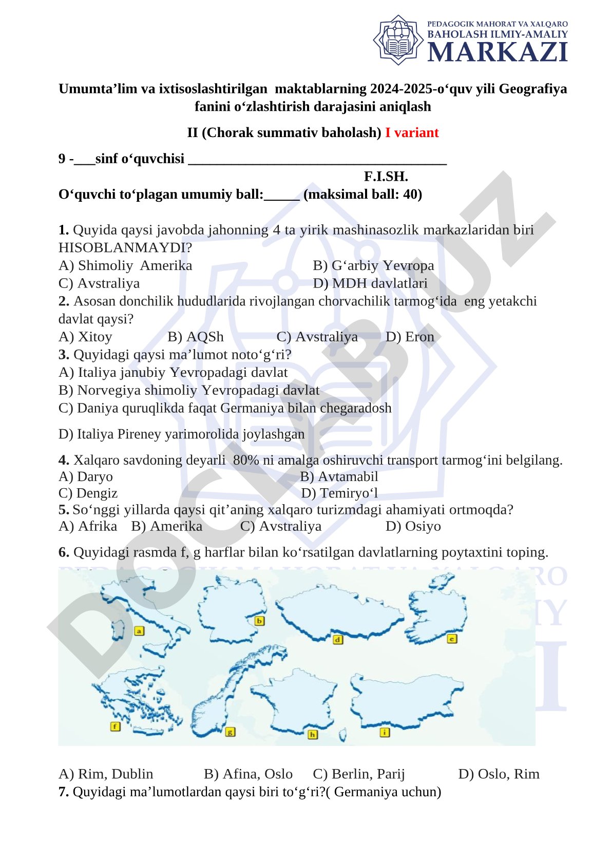 Geografiya fanini o‘zlashtirish darajasini aniqlash chorak summativ baholash