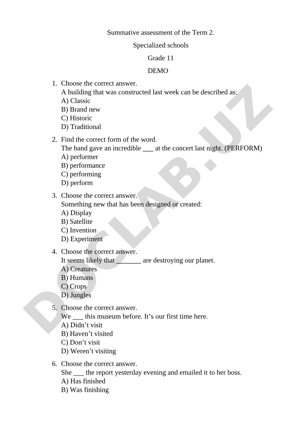 Grade 11 English Summative Assessment Demo