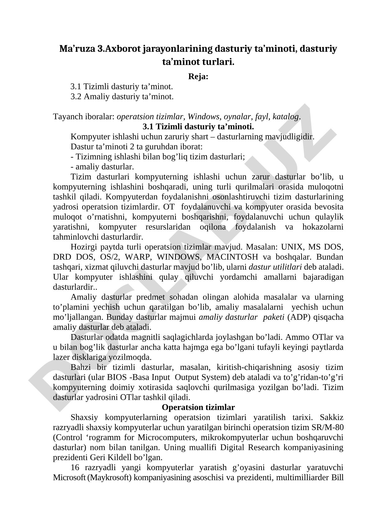 Axborot jarayonlarining dasturiy ta’minoti, dasturiy ta’minot turlari
