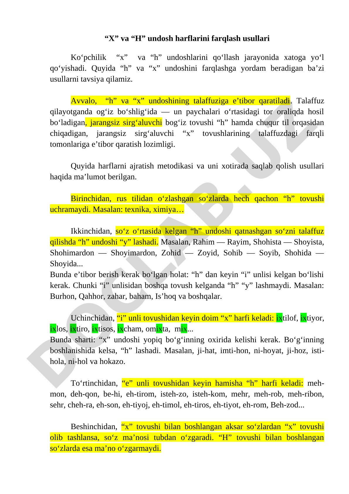 X va H undoshlarini farqlash usullari