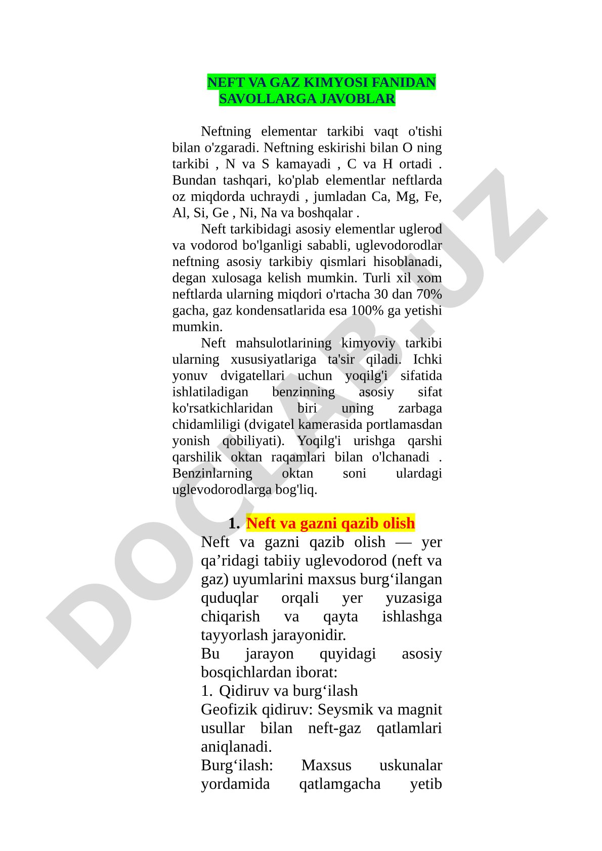 Neft va gaz kimyosi fanidan savollarga javoblar