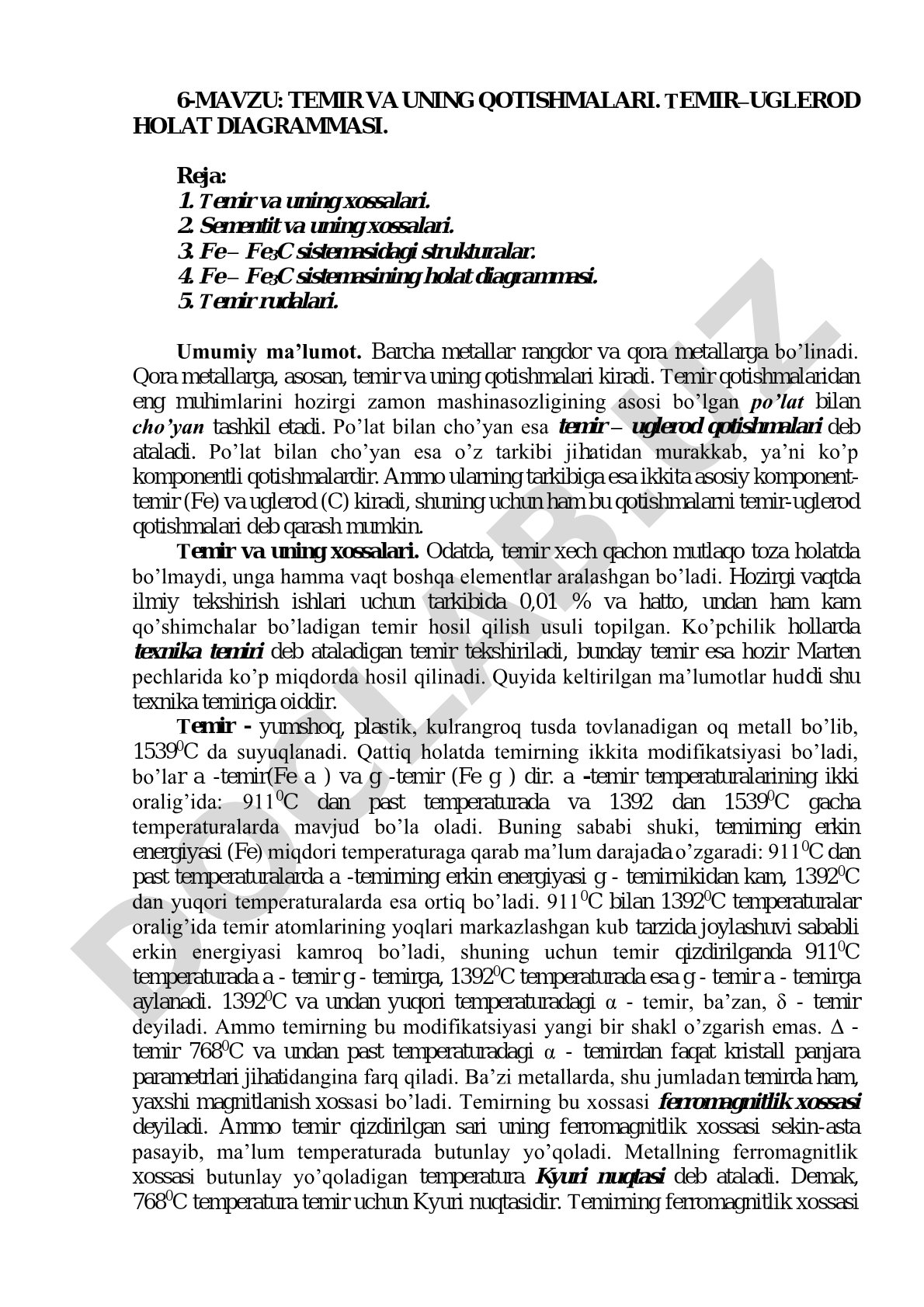 Temir va uning qotishmalari. Temir-uglerod holat diagrammasi