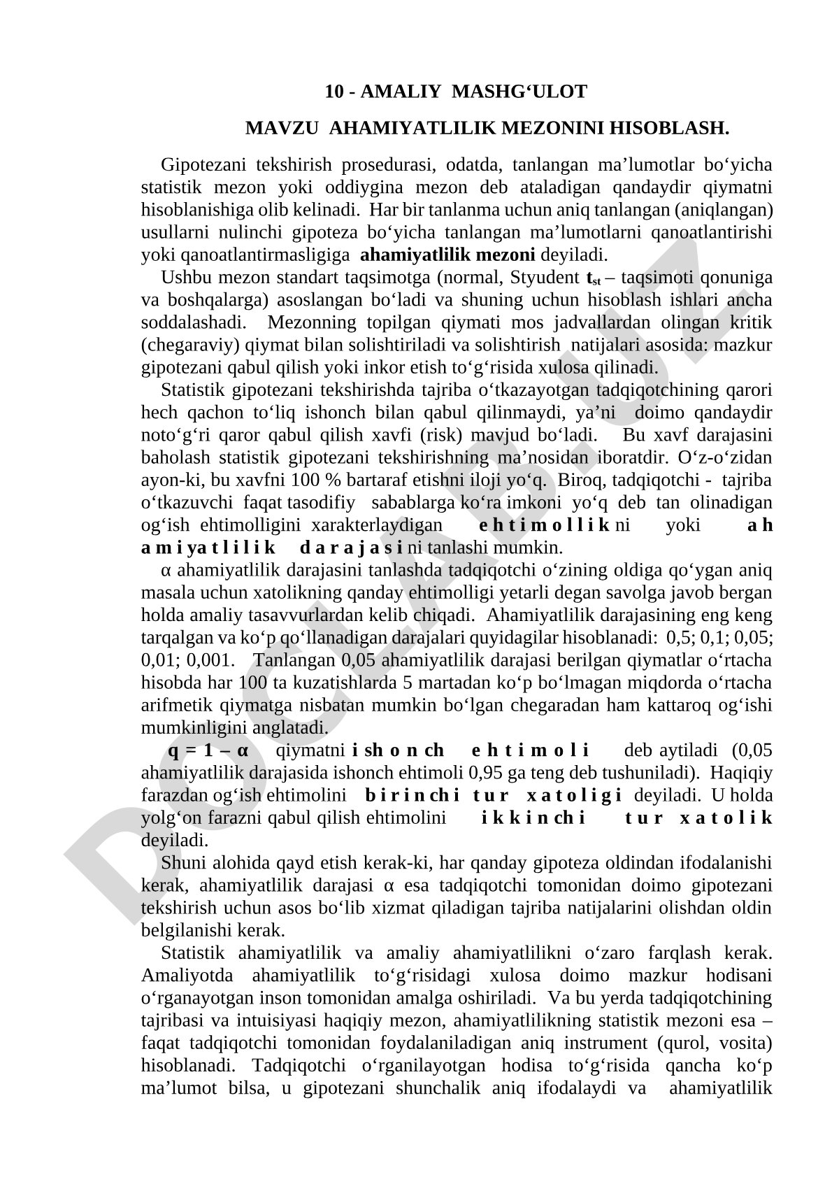 Ahamiyatlilik mezonini hisoblash va statistik gipotezani tekshirish tartibi
