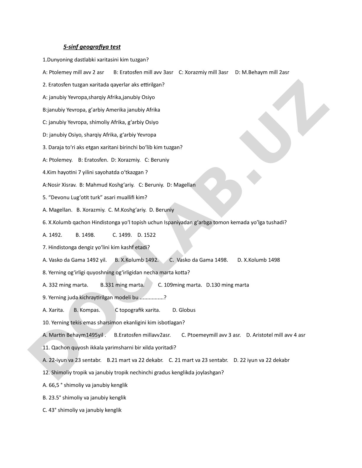 5-sinf geografiya test savollari