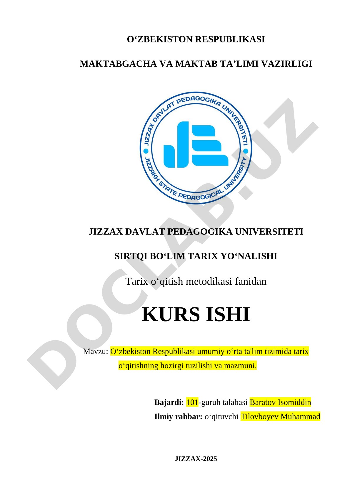 O‘zbekiston Respublikasi umumiy o‘rta ta'lim tizimida tarix o‘qitishning hozirgi tuzilishi va mazmuni