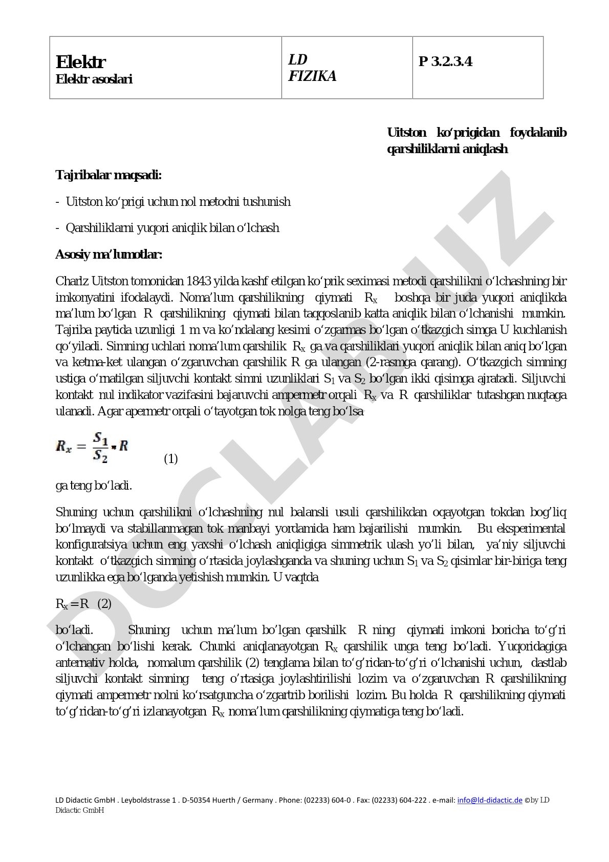 Uitston ko‘prigidan foydalanib qarshiliklarni aniqlash