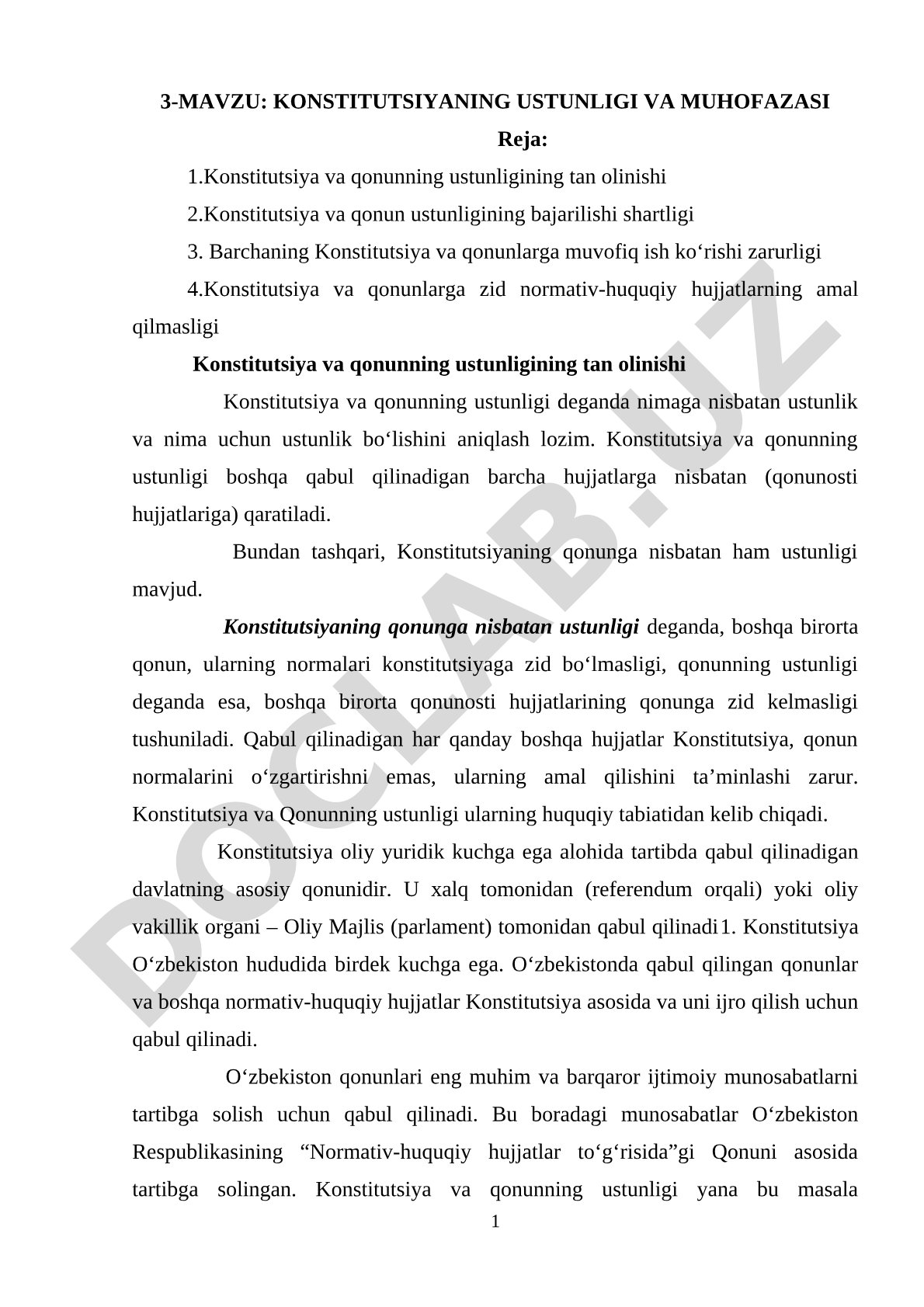 Konstitutsiyaning ustunligi va muhofazasi