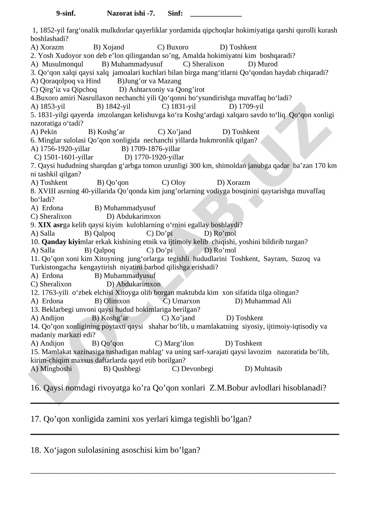 Qo'qon xonligi tarixi bo'yicha 9-sinf test savollari
