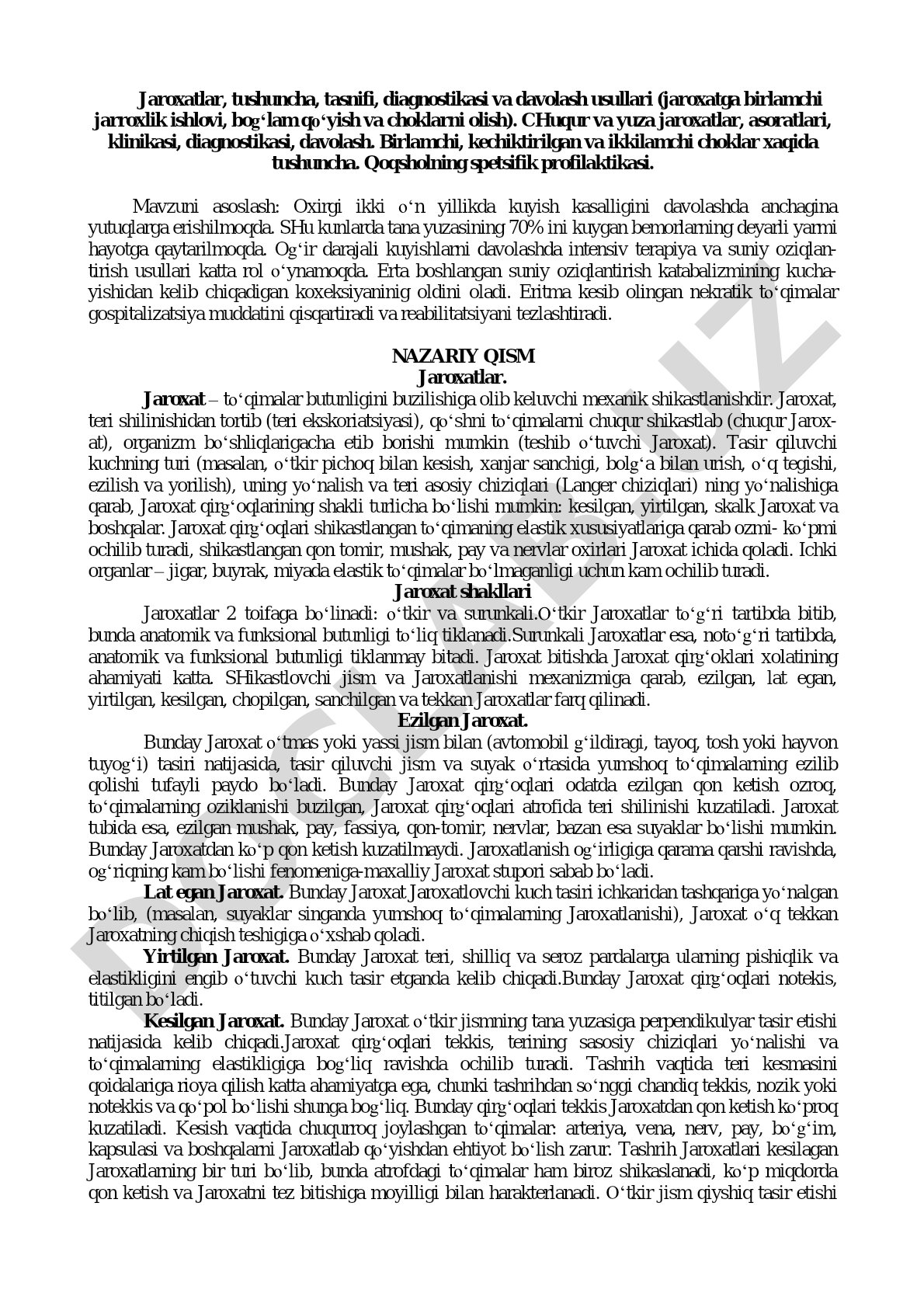 Jaroxatlar, tushuncha, tasnifi, diagnostikasi va davolash usullari