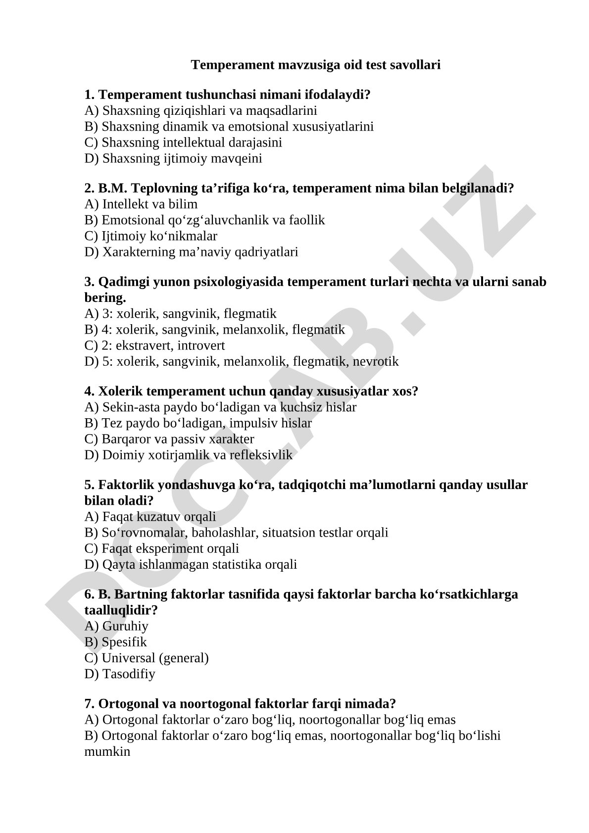 Temperament mavzusiga oid test savollari