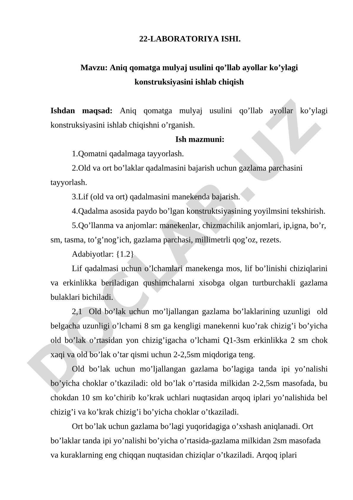 Aniq qomatga mulyaj usulini qo’llab ayollar ko’ylagi konstruksiyasini ishlab chiqish