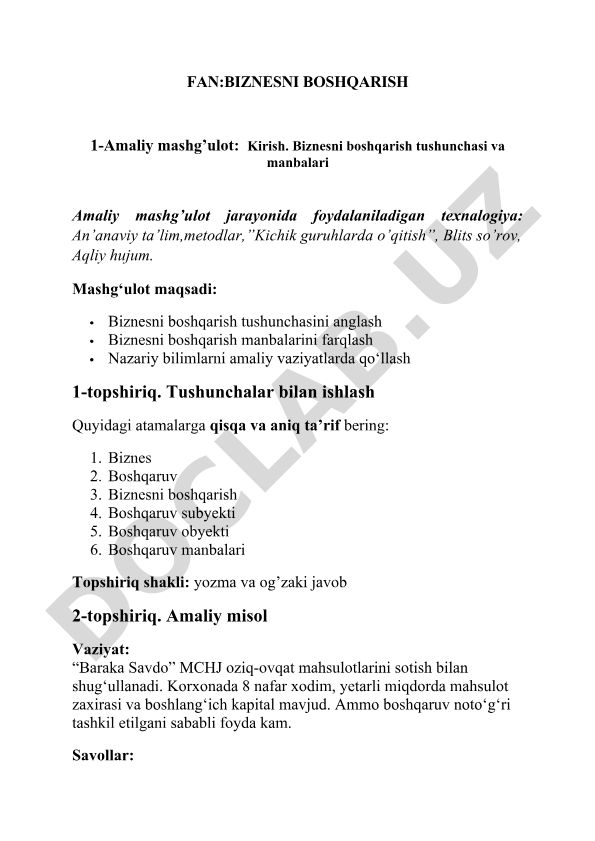 Biznesni boshqarish tushunchasi va manbalari