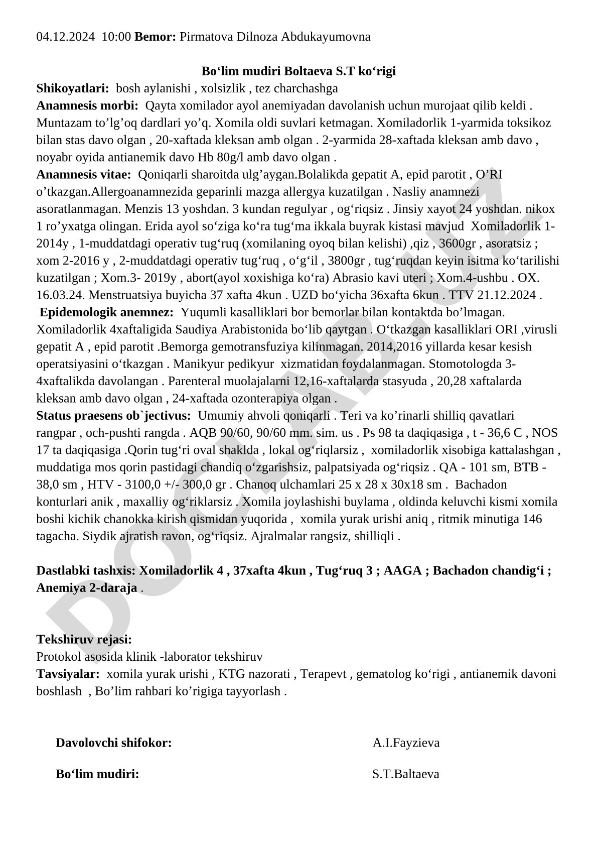 Xomiladorlik davridagi anemiya bemori ko'rigi