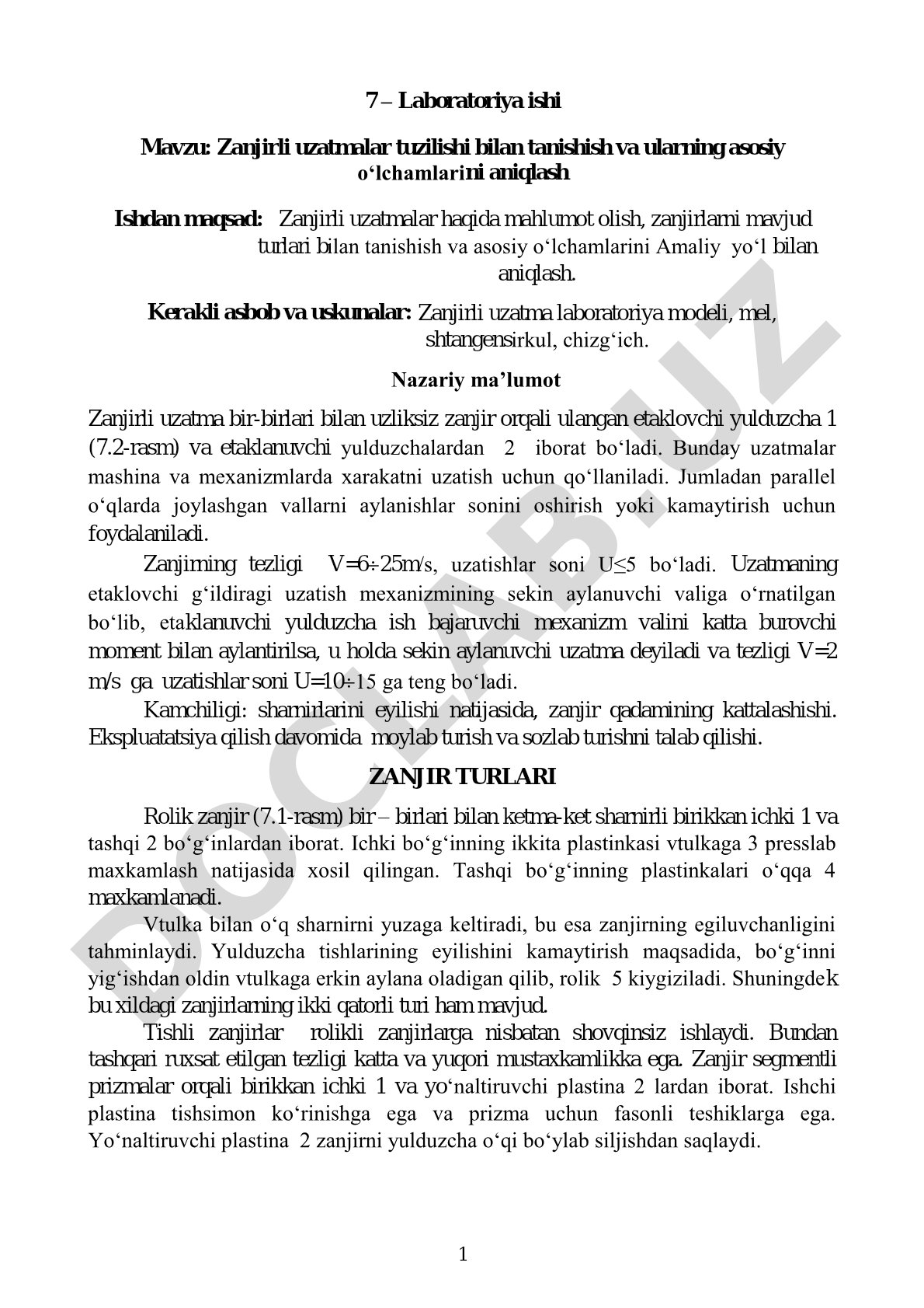 Zanjirli uzatmalar tuzilishi bilan tanishish va ularning asosiy o'lchamlarini aniqlash
