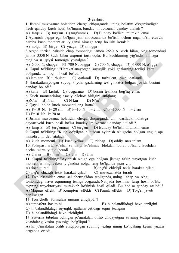 Fizika fanidan test savollari va javoblari