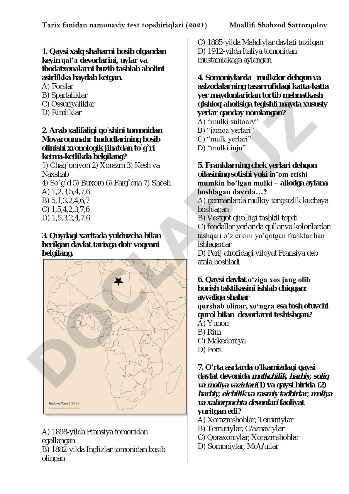 Tarix fanidan namunaviy test topshiriqlari (2021)