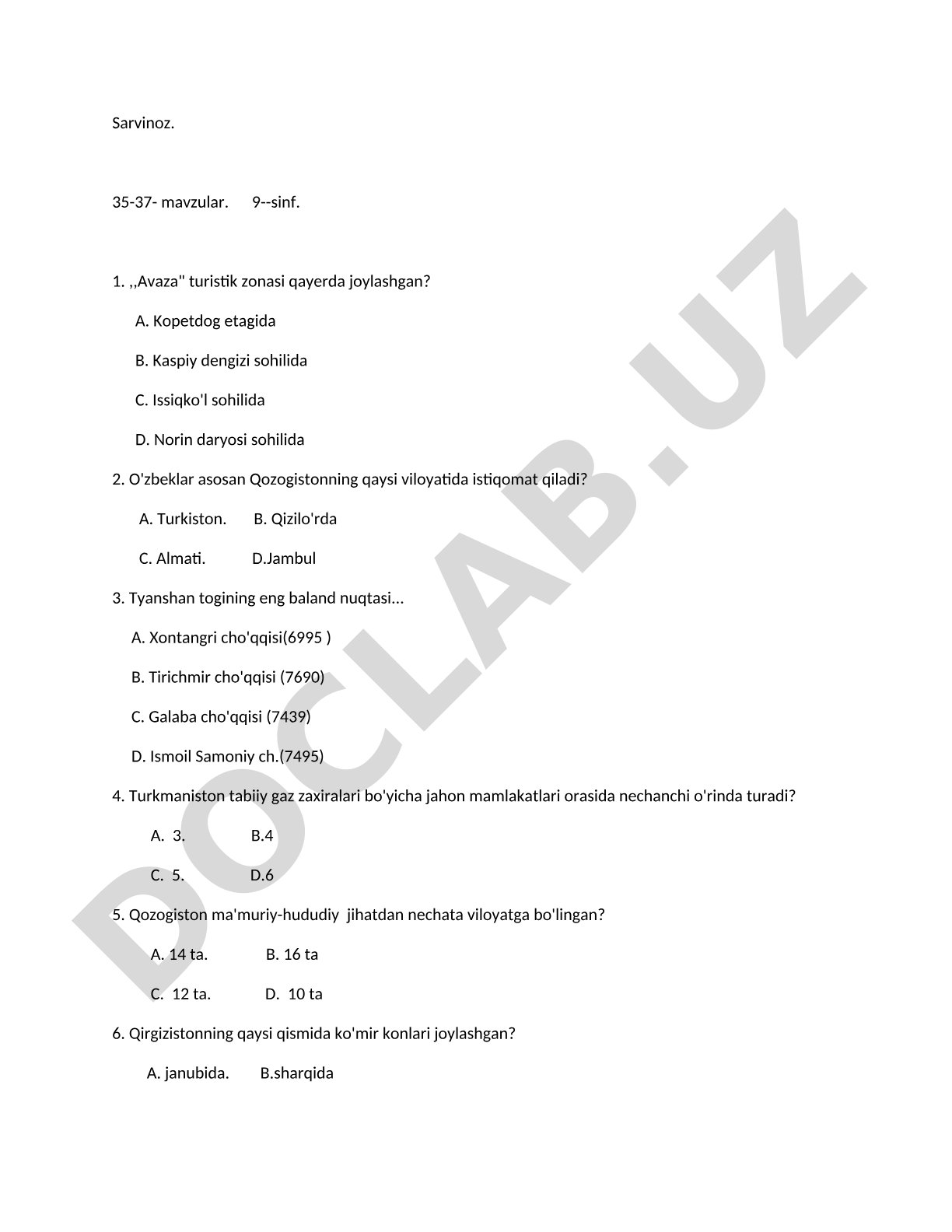 Markaziy Osiyo geografiyasidan test savollari