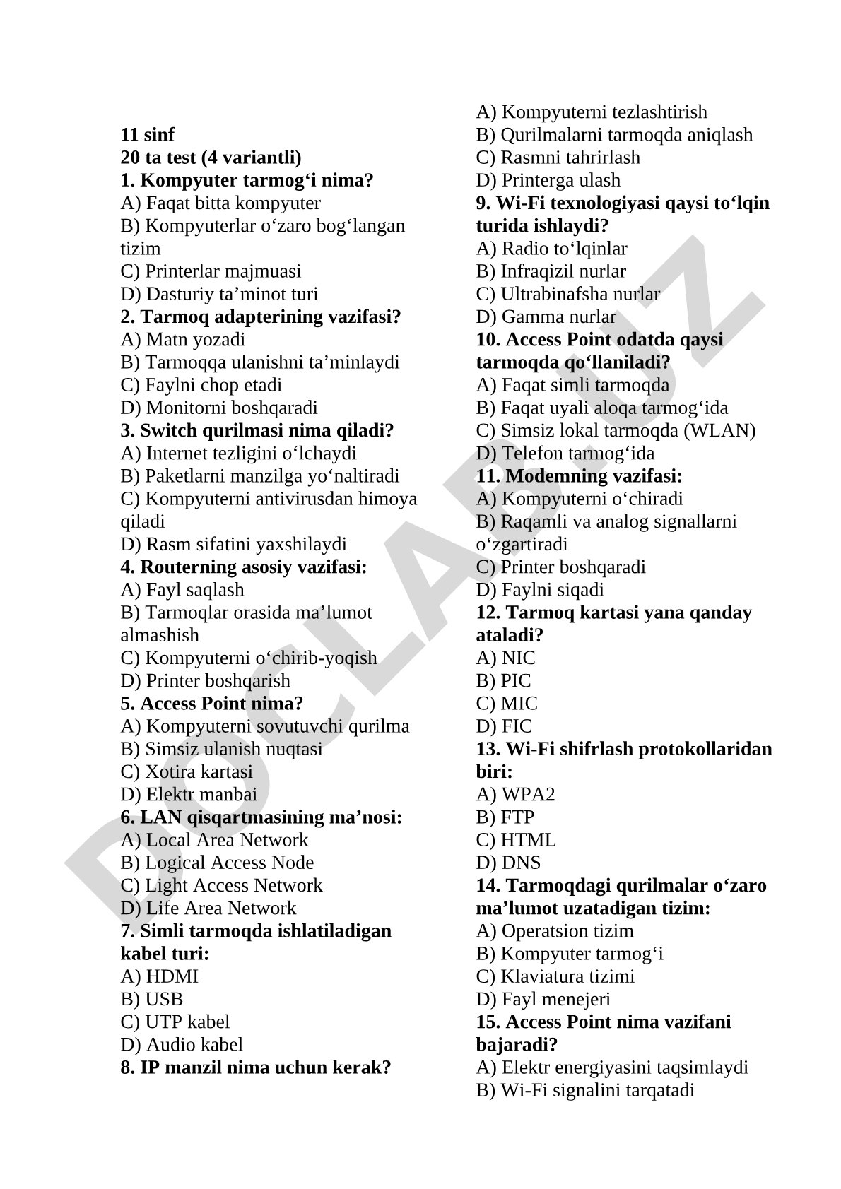 11 sinf 20 ta test (4 variantli)