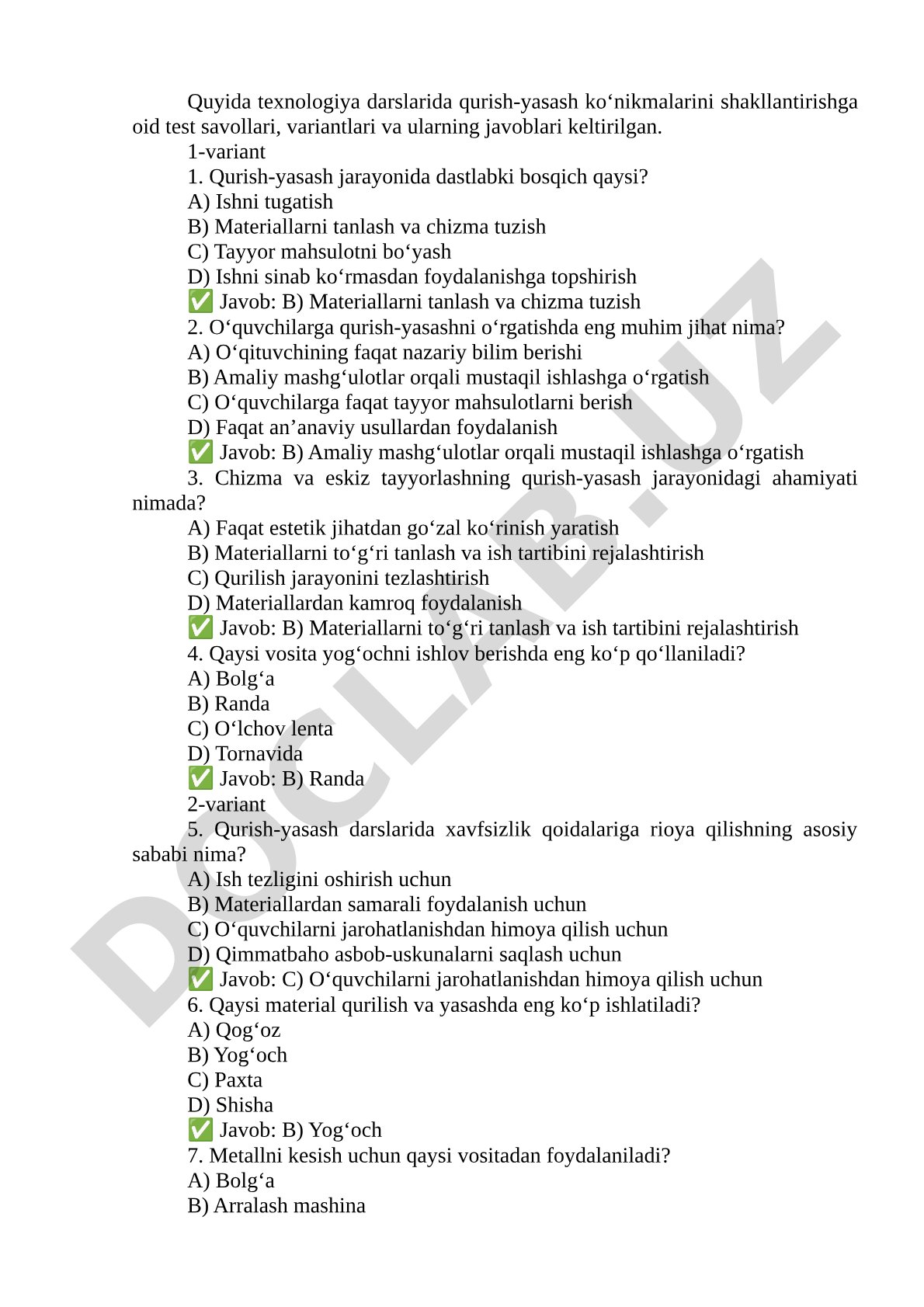 Texnologiya darslarida qurish-yasash ko'nikmalarini shakllantirish bo'yicha test savollari
