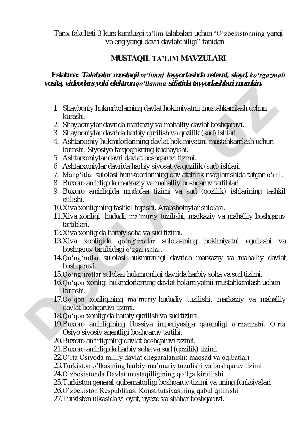 O‘zbekistonning yangi va eng yangi davri davlatchiligi fanidan mustaqil ta’lim mavzulari
