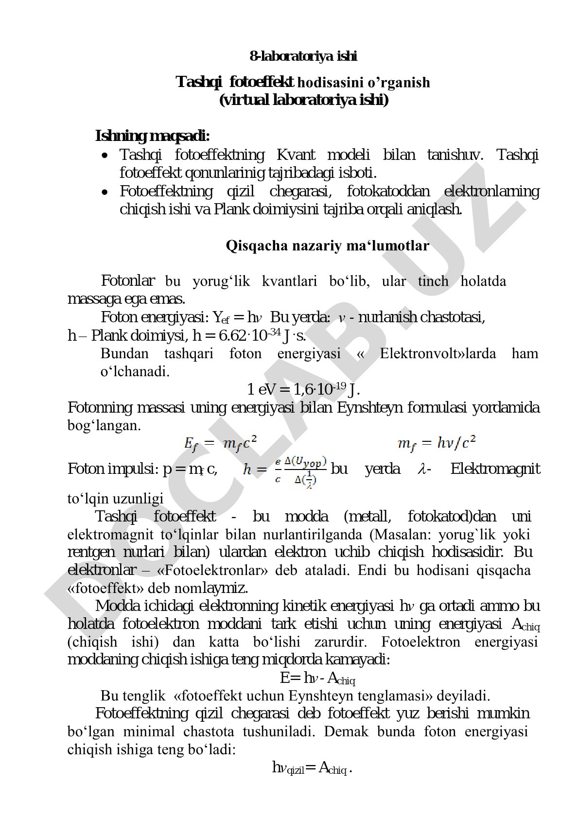 Tashqi fotoeffekt hodisasini o'rganish