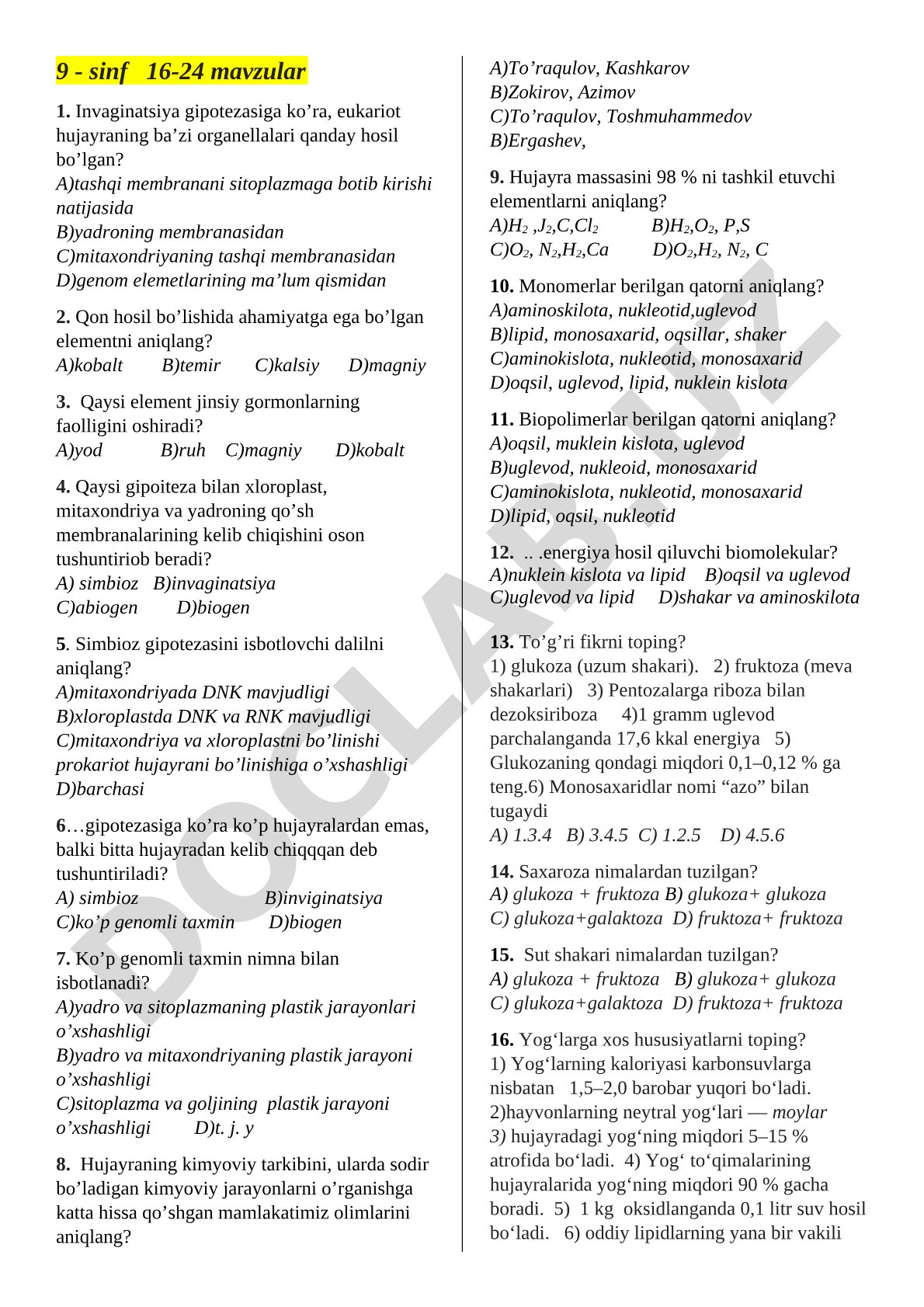 9-sinf biologiya hujayra organellalari va gipotezalar