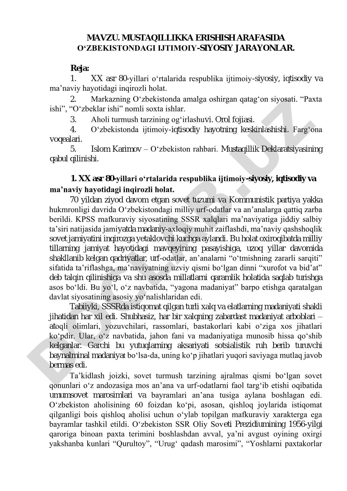 MUSTAQILLIKKA ERISHISH ARAFASIDA O‘ZBEKISTONDAGI IJTIMOIY-SIYOSIY JARAYONLAR