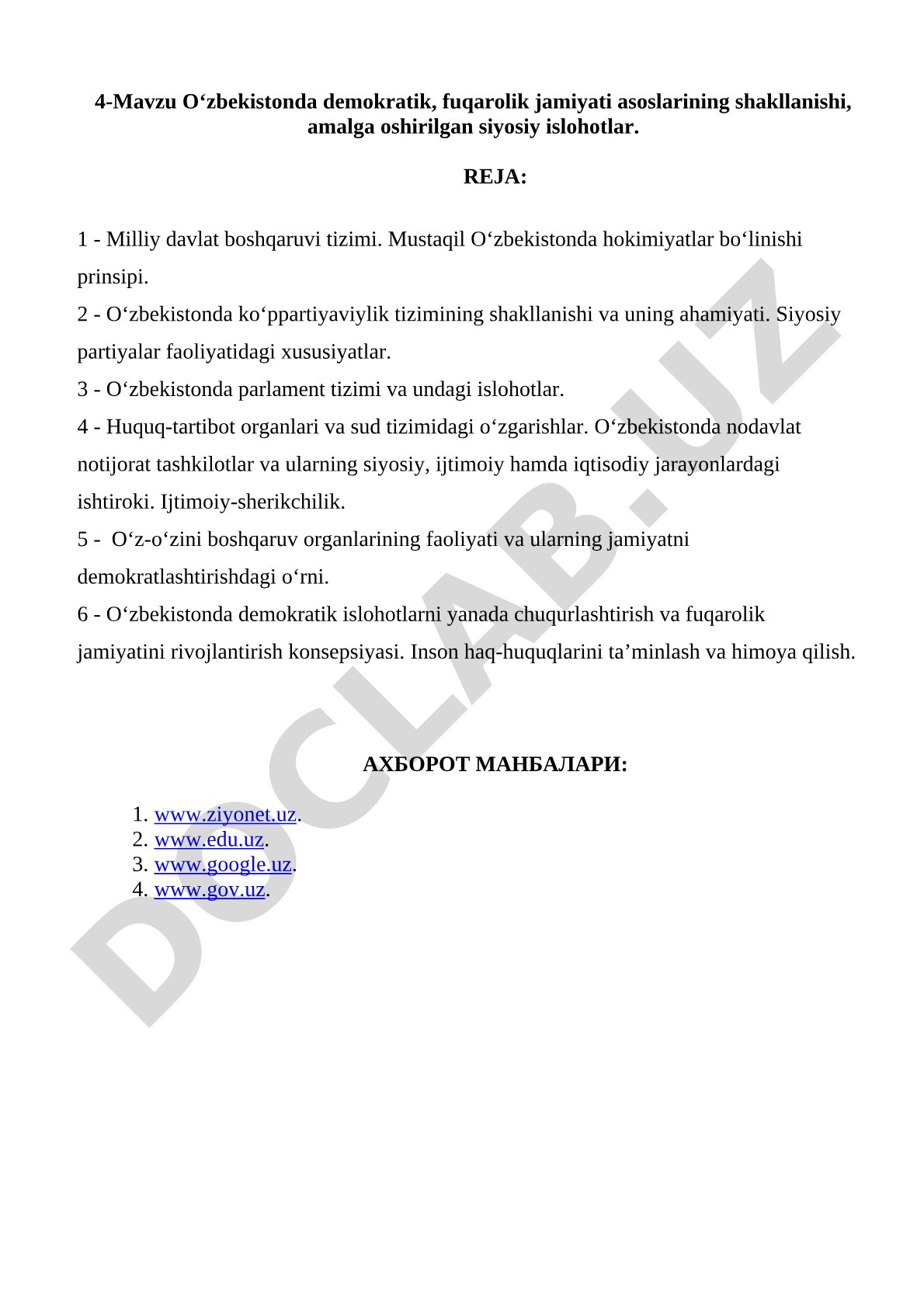 O‘zbekistonda demokratik, fuqarolik jamiyati asoslarining shakllanishi, amalga oshirilgan siyosiy islohotlar