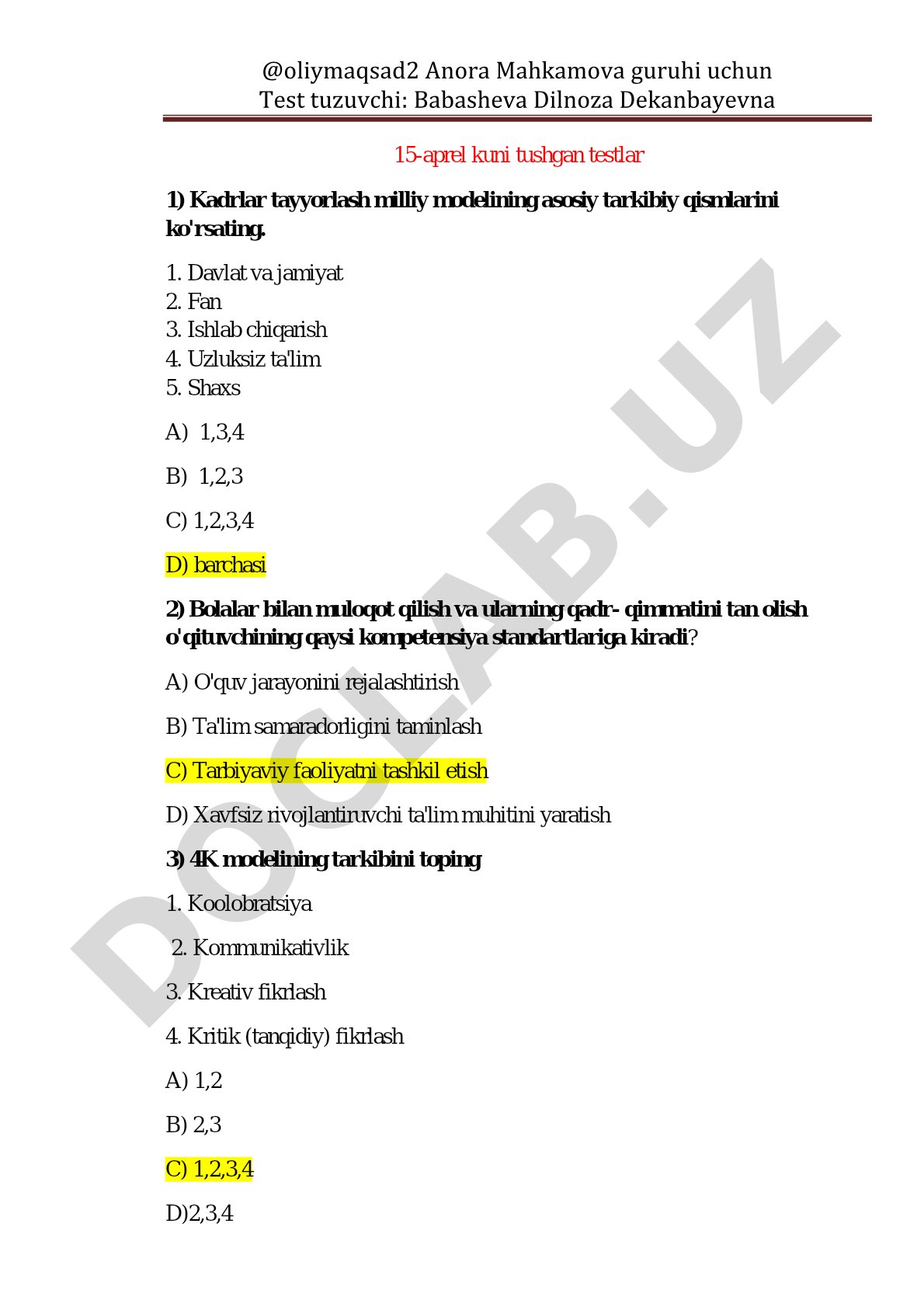 Test savollari: Kadrlar tayyorlash milliy modeli, 4K modeli va mantiqiy usullar