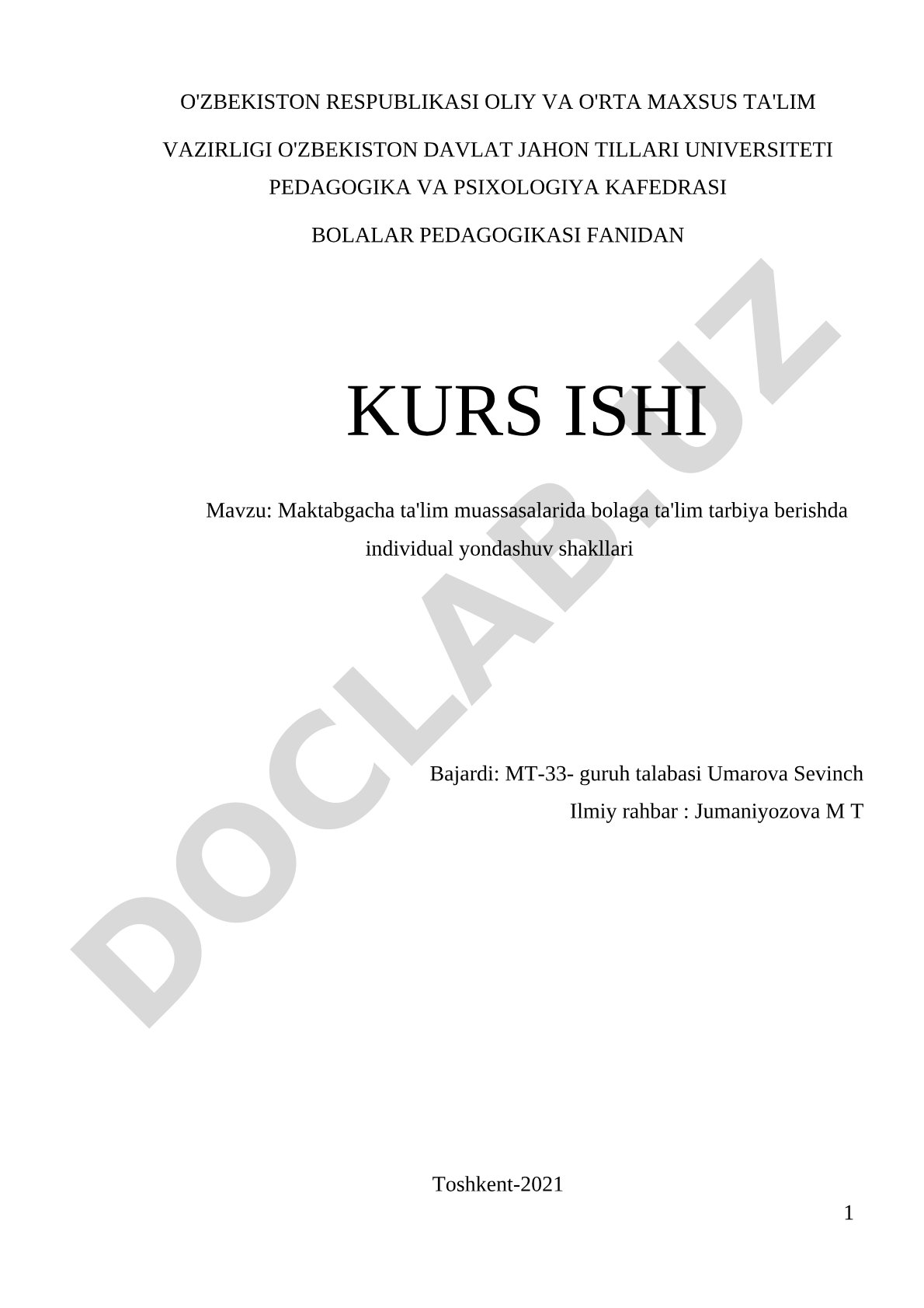Maktabgacha ta'lim muassasalarida bolaga ta'lim tarbiya berishda individual yondashuv shakllari
