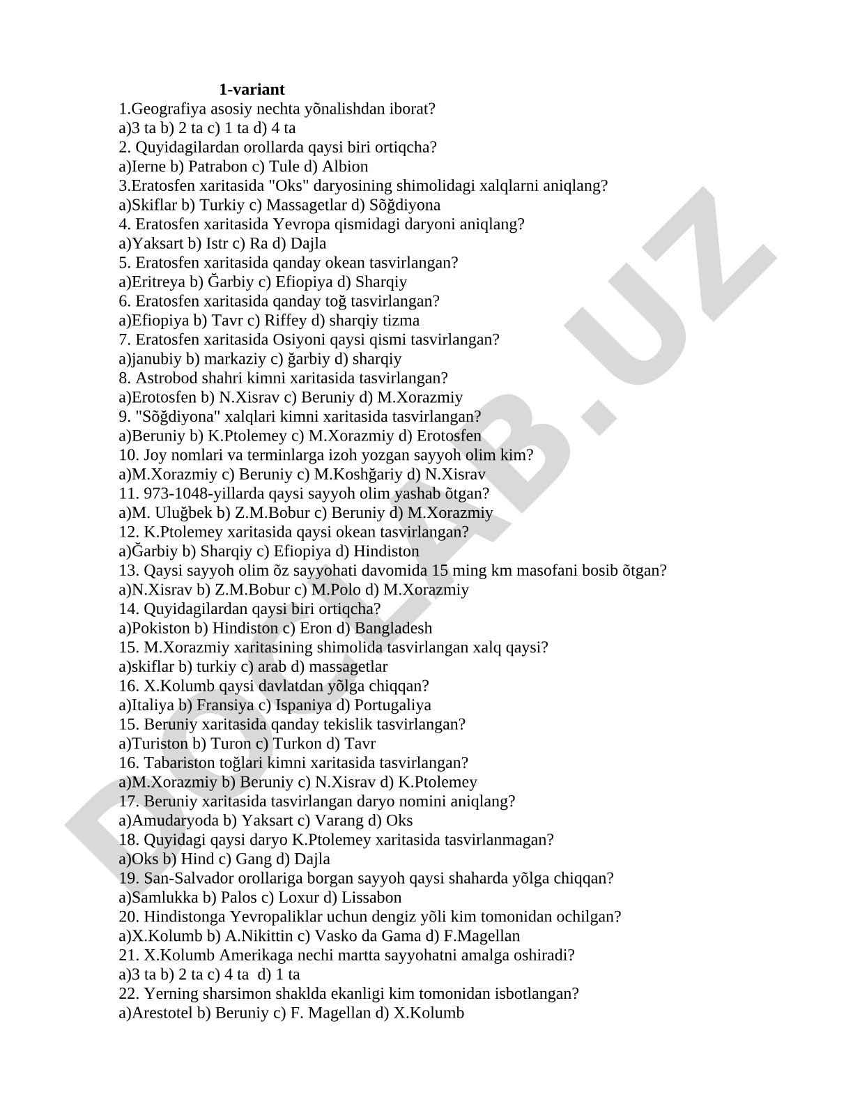 Geografiya fanidan test savollari 1-variant