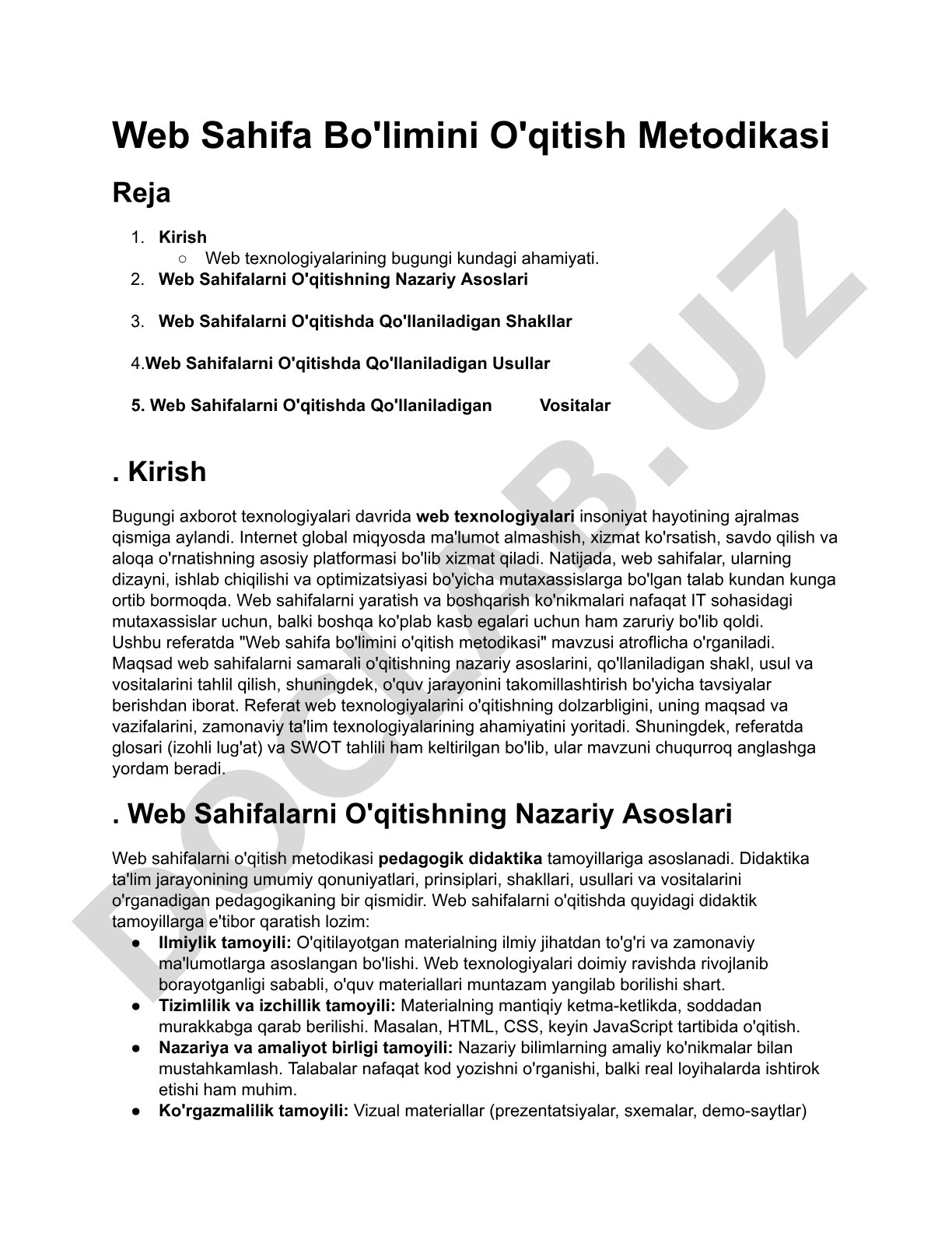 Web Sahifa Bo'limini O'qitish Metodikasi
