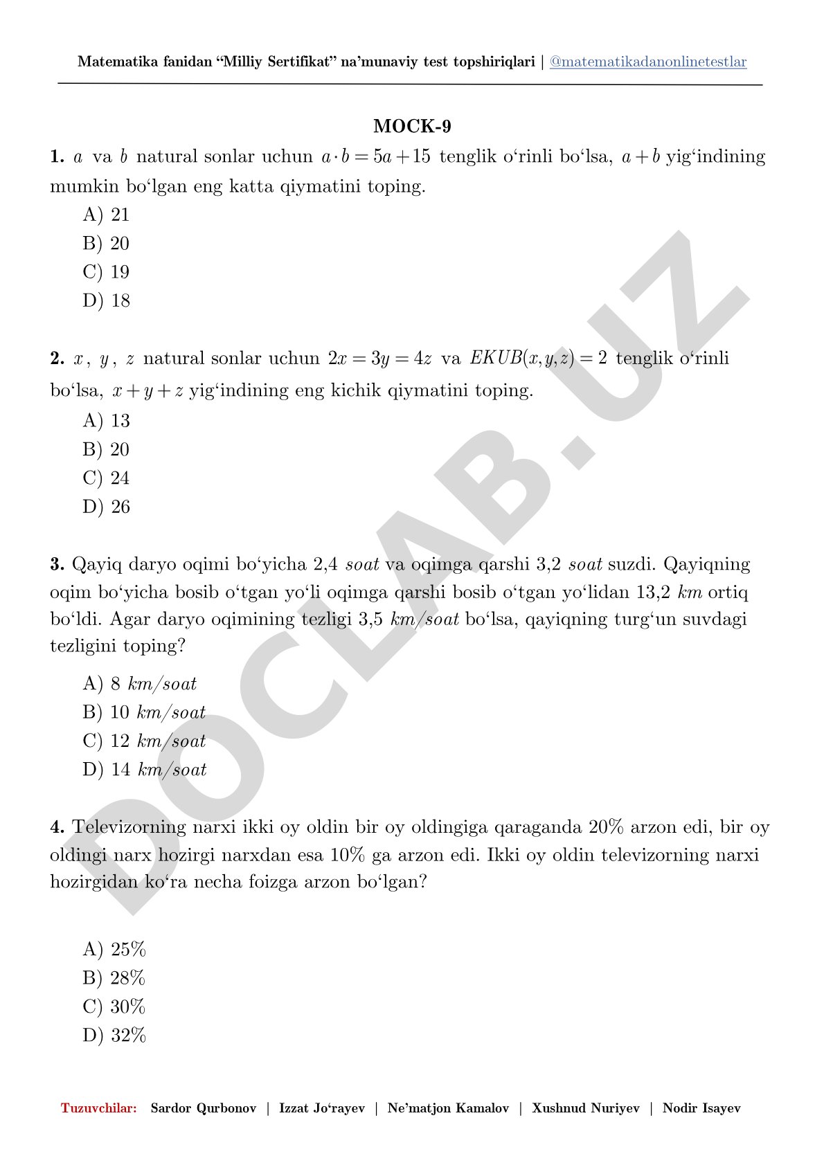 Matematika fanidan Milliy Sertifikat namunaviy test topshiriqlari