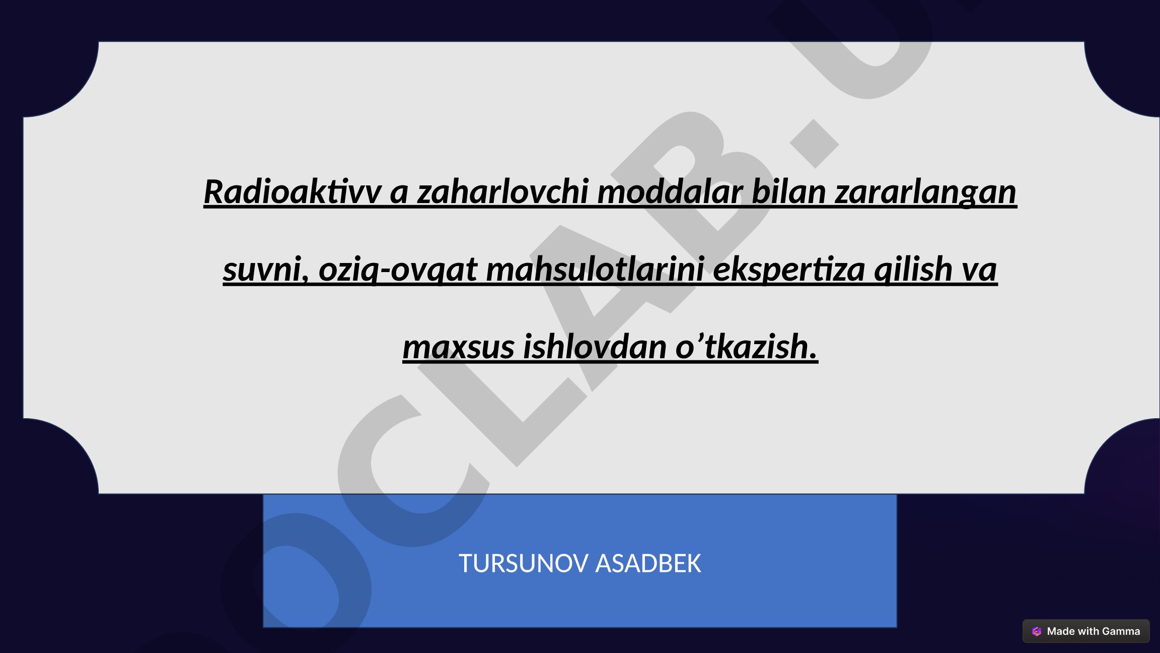 Radioaktiv va zaharlovchi moddalar bilan zararlangan suvni, oziq-ovqat mahsulotlarini ekspertiza qilish va maxsus ishlovdan o'tkazish