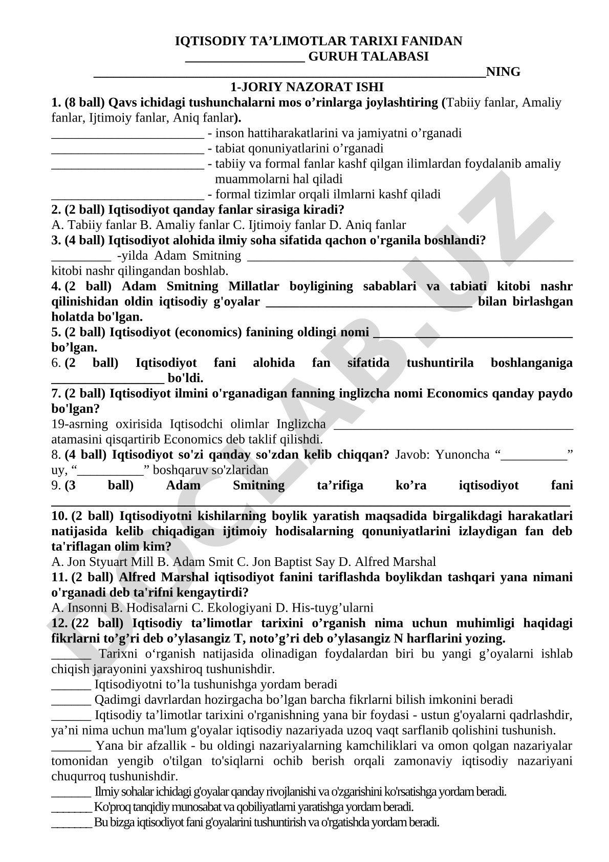 Iqtisodiy ta’limotlar tarixi fanidan 1-joriy nazorat ishi