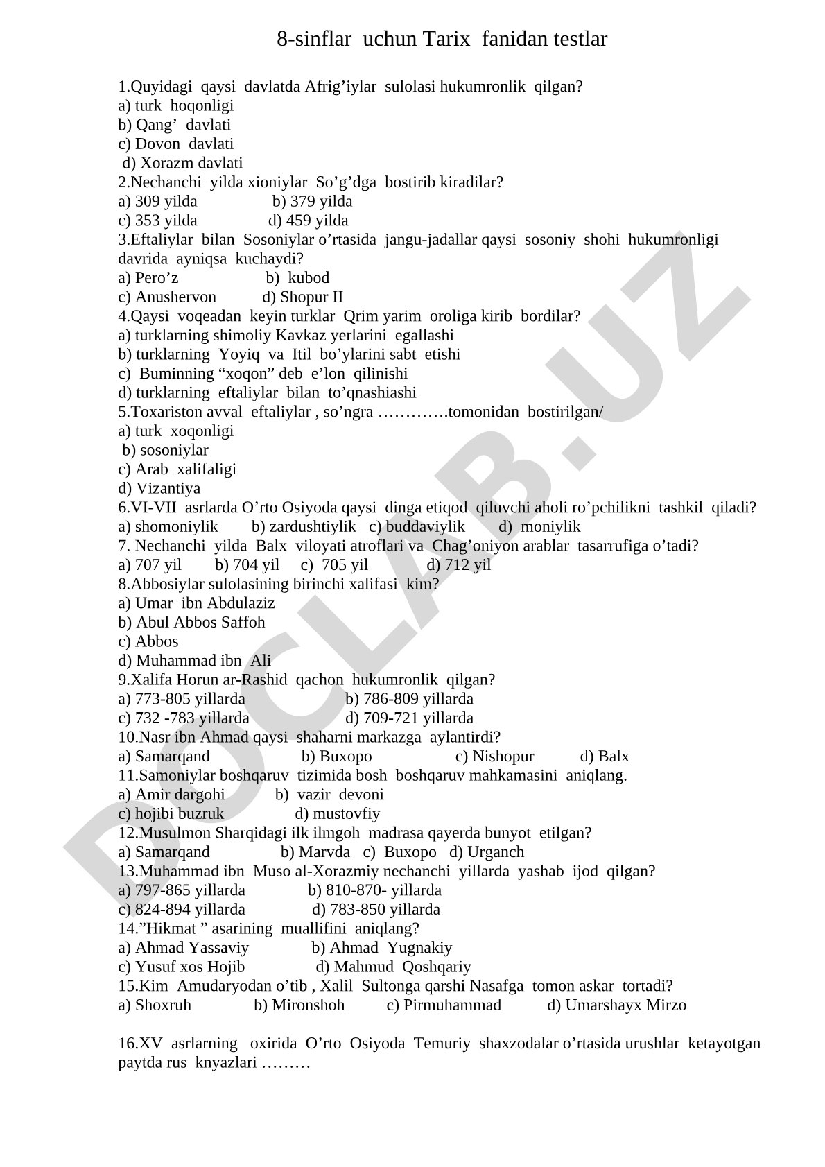 8-sinf Tarix fanidan testlar
